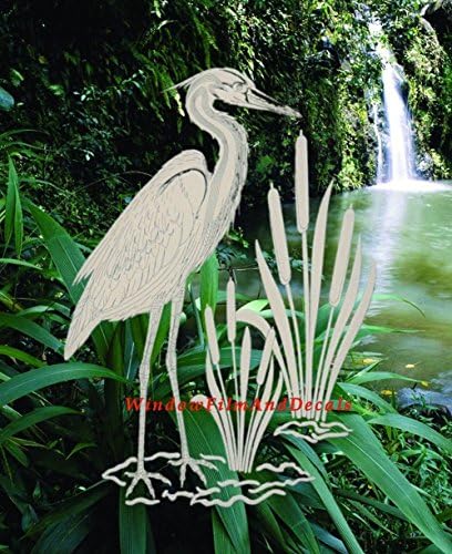 Egret & Cattails Left Oval Etched Window Decal Vinyl Glass Cling - 10.5" x 16" - Clear with White Design Elements