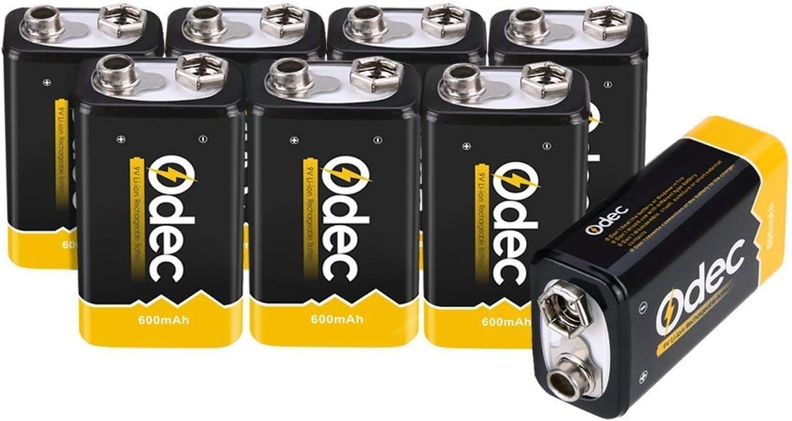 Odec 9V Rechargeable Battery 8 Pack, 9 Volt 600mAh lithium 6F22 PP3
