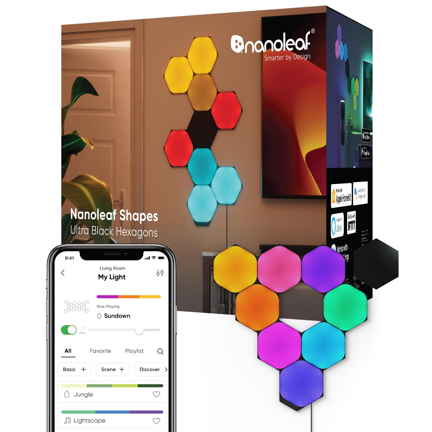 Nanoleaf Shapes Ultra Black Hexagon Starter Kit, 9 Smart Light Panels LED RGBW - Modular Wi-Fi Colour Changing Wall Lights, Works with Alexa Google Assistant Apple Homekit, for Room Decor & Gaming
