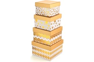 PAPER FAIR 4PCS Christmas Nesting Gift Boxes Set, Metallic Gold Foil Geometry Flat Square Cardboard Nested Box w/Lid, for Gift Wrapping Xmas New Year, Assorted Size