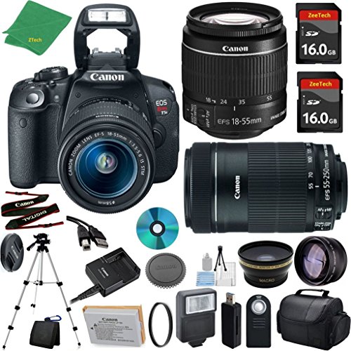 Canon T5i Camera with 18-55mm IS STM + 55-250mm STM Lens + 2pcs 16GB Memory + Case + Memory Reader + Tripod + ZeeTech Starter Set + Wide Angle + Telephoto + Flash + Filter