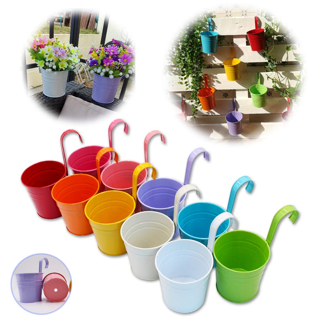 Hanging Plant Pots GIOVARA Metal Flower Pot Vase Bucket Hanging Garden Planter with Drainage Hole, Balcony Home Decor, Detachable Hook (10 Pcs with Assorted 10 Colours)