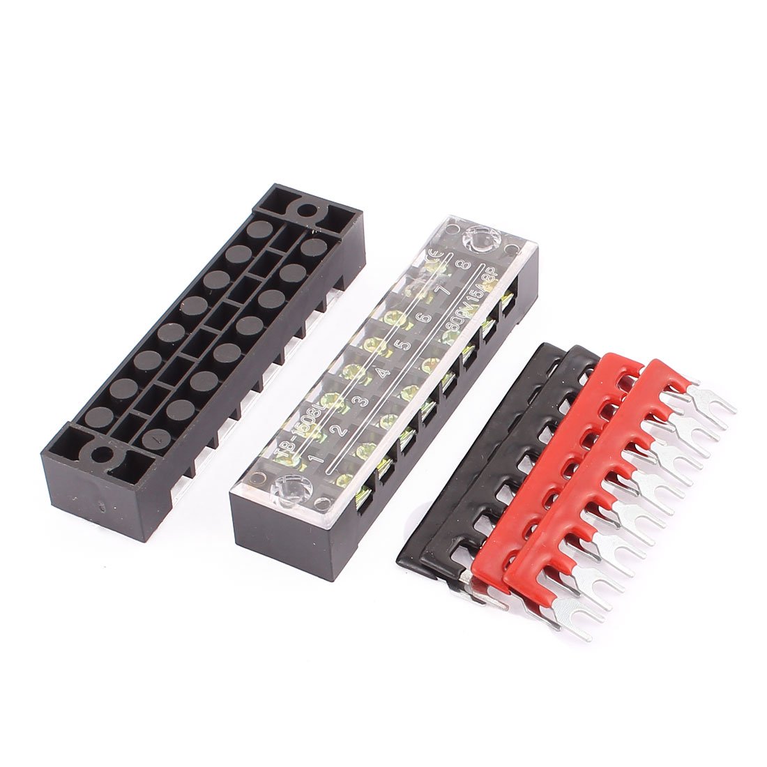 Sourcingmap 2 Pcs 600V 15A 8P Dual Row Barrier Terminal Block Wire Connector Bar + 4 x Terminal Stripes