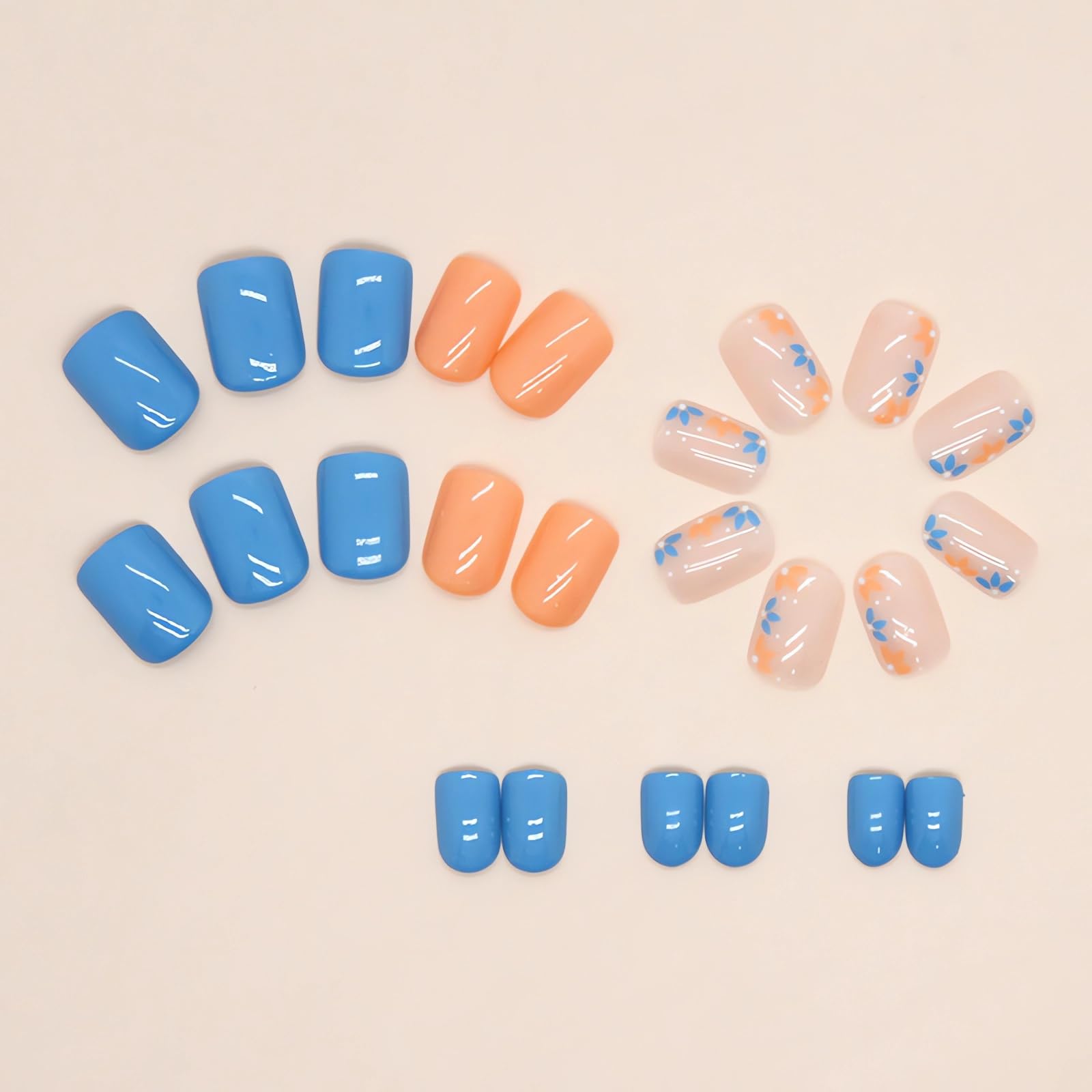 Short Press on Nails Square Fake Nails Blue Orange Flowers Glue on Nails Spring Summer Nail Art Decorations Glossy Full Cover Acrylic False Nails Short Square Stick on Nails 24Pcs - Image 4