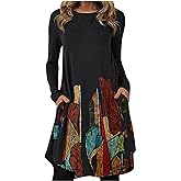 Tunic Dress for Women 2025 Casual Trendy Long Sleeve Crew Neck Vintage Printed T Shirt Dress Fashion Pullover Loose Swing Midi Dress with Pockets Size L Khaki