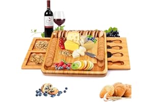 Bamboo Cheese Board with Cheese Tools, Cheese Plate Charcuterie Board Platter Set Serving Tray for Wine Cracker Brie and Meat