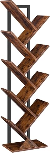 HOOBRO Tree Bookshelf Tall 9-Tier Floor Standing Book Shelf Rustic Brown Black