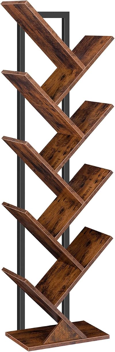 HOOBRO Tree Bookshelf Tall 9-Tier Floor Standing Book Shelf Rustic Brown Black
