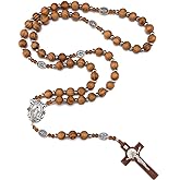 Rnivida Handmade Wood Beads Rosary For Men, Wooden Bead Rosary Necklace with Miraculous Medal St Benedict Crucifix Cross