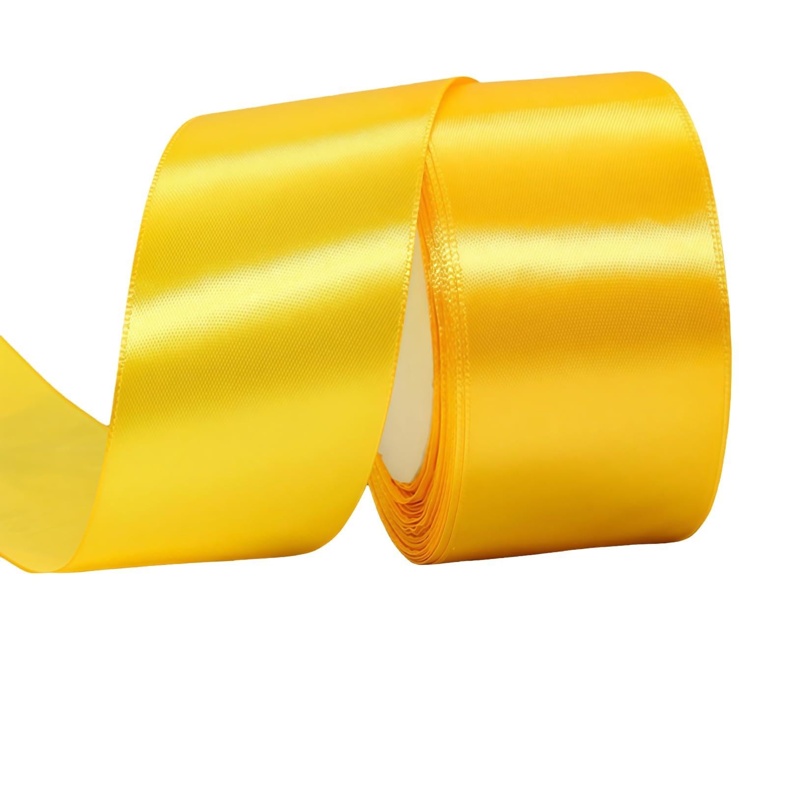 Golden Yellow Ribbon 50mm for Gift Wrapping 22M,Golden Yellow Satin Ribbon 50mm Wide for Crafting Cake,Hair Bow,Polyester Ribbon Christmas Decoration,Wedding Car Decor