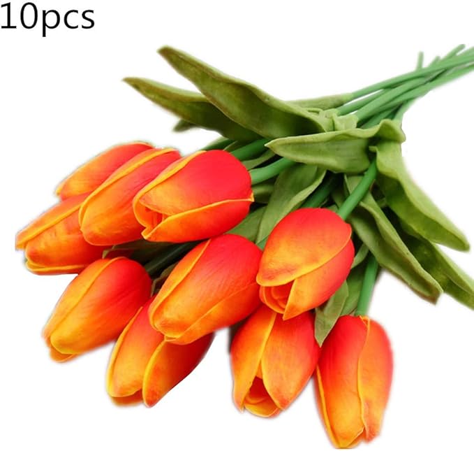 LovelyLifeAST 10 Pcs Orange Tulip Flower Bridal Bouquet Artificial PU Real Touch Flower Bunch