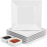 PLMMOUT 8'' Porcelain Dinner Plates Set, Square Serving Plate, White | 6 Ceramic Square Dinner Plates and 2 White Ceramic Condiment Dishes, for Salad, Pasta, Steak, Snacks and Appetizer Plater