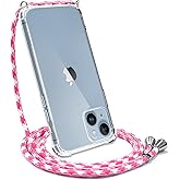 YESPURE for iPhone 14 Crossbody Case Clear Transparent Cover Adjustable Lanyard Strap Soft Bumper TPU Bumper Shockproof Anti-Yellow Protective Case for iPhone 14 - Pink White