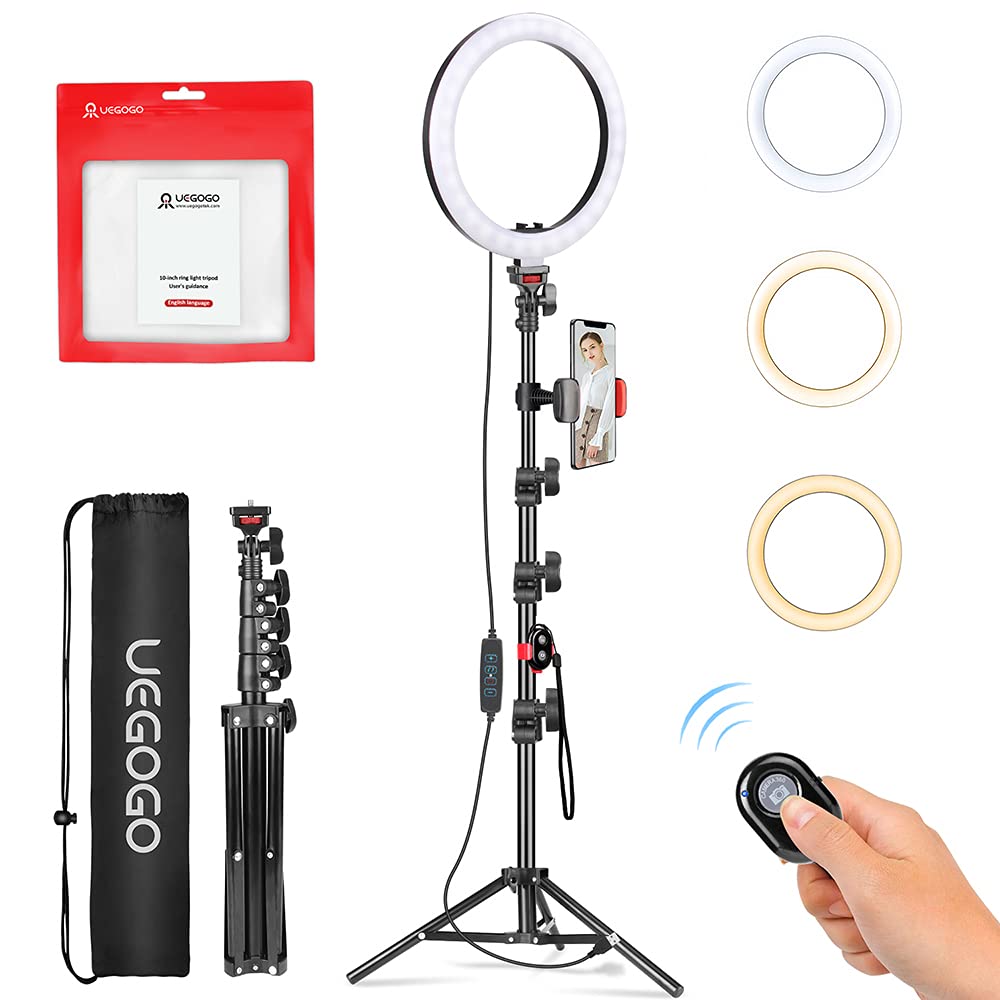UEGOGO Ring Light 10.2" with Tripod Stand and Phone Holder, Dimmable LED Halo Circle Light with 3 Light Modes & 11 Brightness Level for Makeup, Selfie Photography, YouTube, TikTok, Tall 63.5in