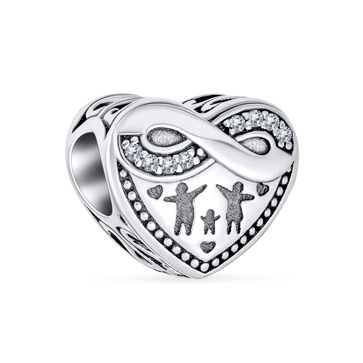 Bling Jewelry CZ Accent Loving Family Infinity Love Knot Heart Shape Charm Bead For Women Wife Milgrain Oxidized .925 Sterling Silver Fits European Bracelet