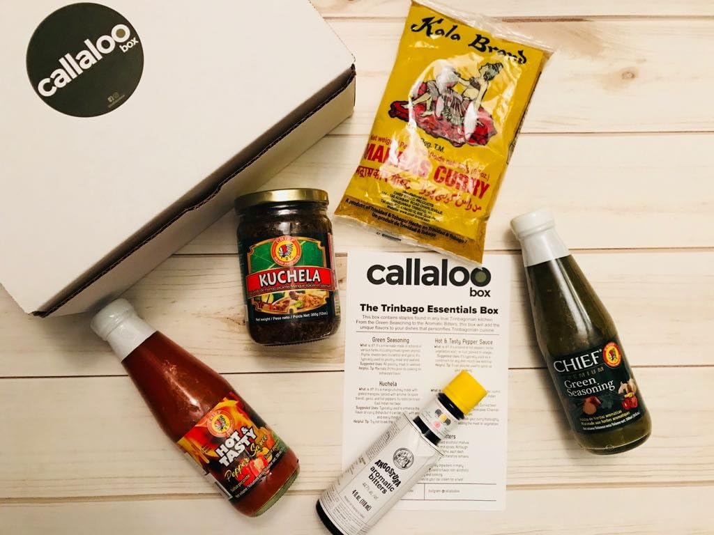 The Starter Trinidad & Tobago Essentials Box by Callaloo Box: Kala Brand Curry, Kuchela, Green Seasoning, Hot & Tasty Pepper Sauce, Angostura Aromatic Bitters - Caribbean Food Box