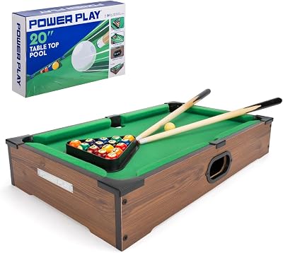 Power Play Pool Table Game 20 Inch Portable Wooden Tabletop