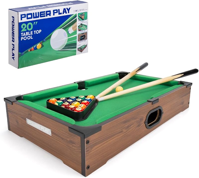 Power Play Pool Table Game 20 Inch Portable Wooden Tabletop