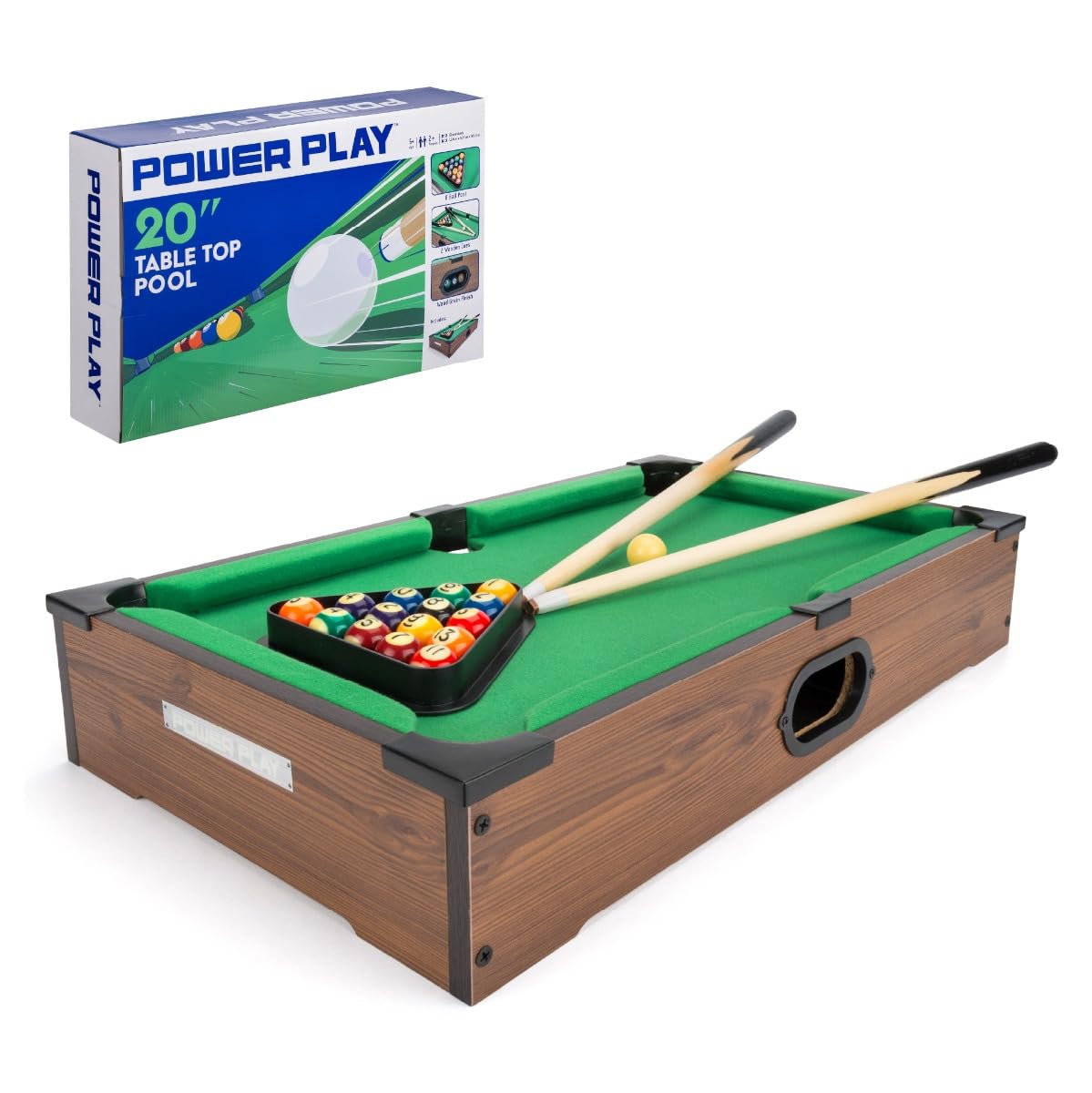 Power Play Pool Table Game, Portable Wooden Classic Games Table, Indoor Outdoor Game for Kids and Adults, Brown 20inch