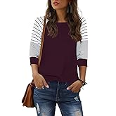 ReachMe Women's Casual 3/4 Sleeve T Shirts Crewneck Striped Raglan Sleeve Tee Shirts Loose Fit Blouses