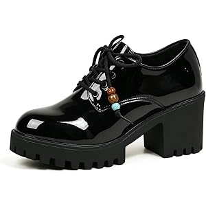 Women's Patent Leather Platform Chunky Heel Oxfords Fashion Beaded Lace Up Comfortable Round Toe Anti Slip Lug Sole High Heel