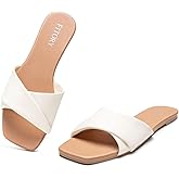 FITORY Women's Flat Sandals, Square Fashion Slides with Cross-Strap, Soft Leather Slippers for Summer Size 6-11