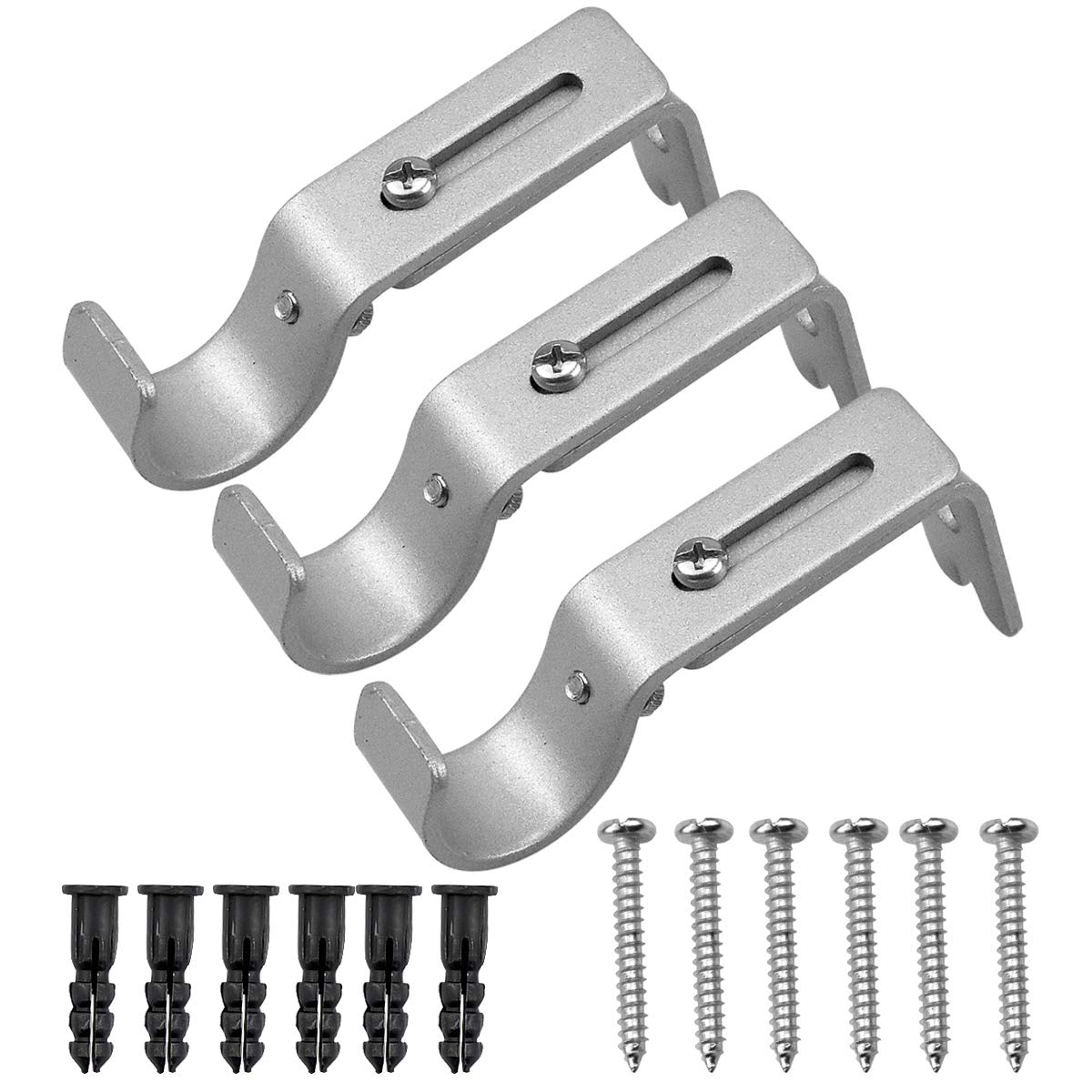 Fodlon Adjustable Heavy Duty Metal Curtain Pole Holder Brackets Set, 3Pcs Wall Rod Support with Screw (Silver)