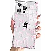 Jmltech for iPhone 16 Pro Max Case Cute Women Girly Clear Silicone Rectangle Edge Bowknot Print Hearts Transparent Shockproof Protective Phone Cases for iPhone 16 Pro Max