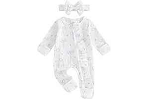 Newborn Baby Girl Fall Outfits Long Sleeve Romper Onesie Bodysuit Infant Bow Zipper Clothes