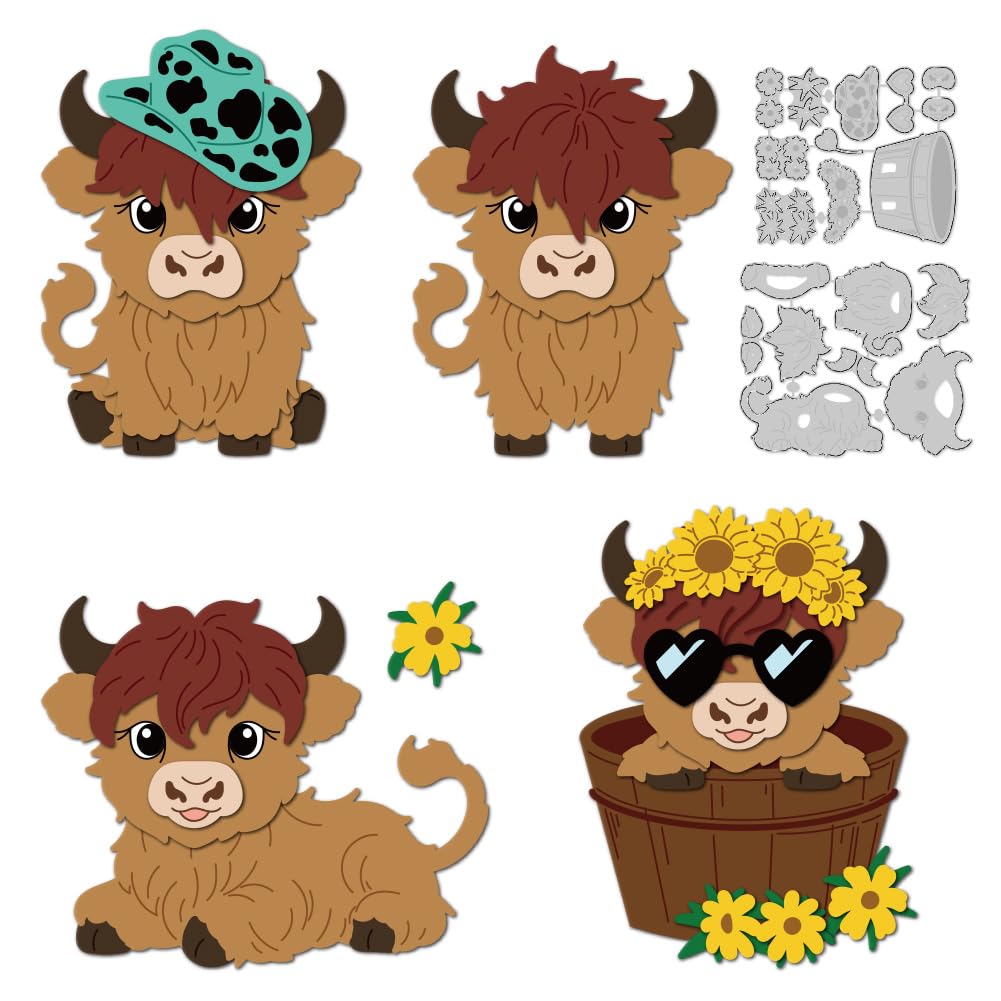 DELORIGIN Highland Cattle Cutting Dies Flower Cute Cow Card Making Die Stencil Metal Die Cuts Card Scrapbooking Embossing Template Dies for Greeting Cards Craft Paper Album Invitation Festive Decor
