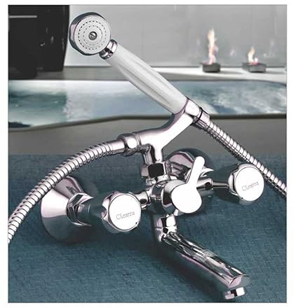 Oleanna Caliber Brass Telephonic Wall Mixer with Crutch and Hand Shower Set Included (Disc Fitting | Quarter Turn | Form Flow) Chrome