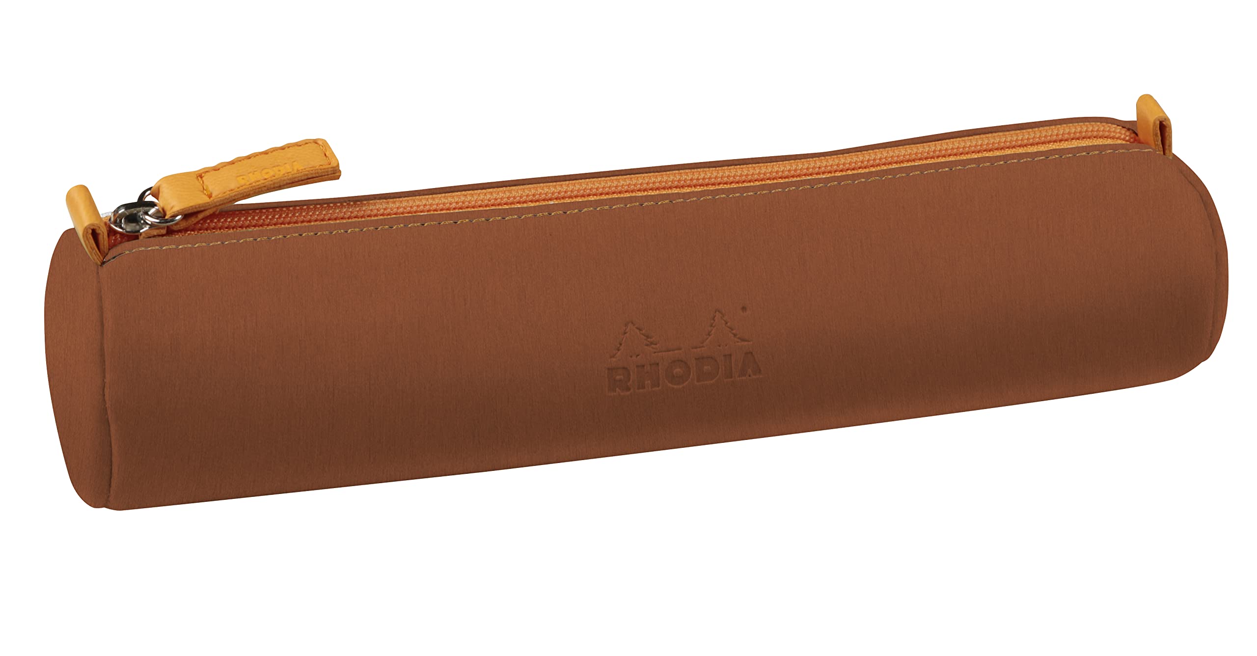 RHODIA 319044C - Rhodiarama Copper Round Pencil Case - 21.5 x 5.5 cm - Genuine Orange Stitching - Ivory Jersey Interior - Faux Leather - Storage for Pens, Pencils, Markers, Small Supplies