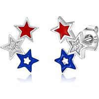NEW Silver Patriotic Heart Dangle Earrings 2-sided Glitter Acrylic...