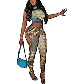 YOUFE Womens Summer Print Outfits Sexy Sleeveless Top Bodycon Pant 2 piece set Set Vacation Y2K Clubwear Going Out Set