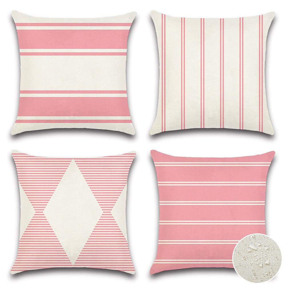 JOTOM Outdoor Waterproof Cushion Covers 45x45cm Premium Water Resistant Throw Pillow Covers Geometric Decorative Pillow Covers Set of 4 Garden Cushion Case for Couch Patio Bench Sofa Furniture (Pink)