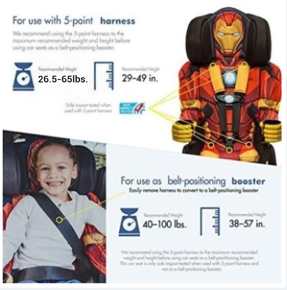KidsEmbrace Marvel Iron Man 2-in-1 Forward-Facing Car Seat Latch | 5-Point Harness 26.5-65lbs converts to Belt-Positioning Booster 40-100lbs | Adjustable