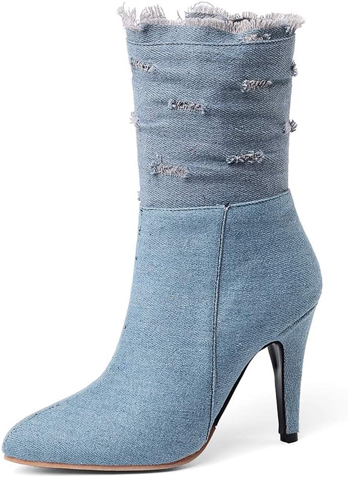 SNIDEL Ankle Boots for Women High Heels Denim Pump Shoes Mid Calf Side Zip Botas Fall Winter Boots