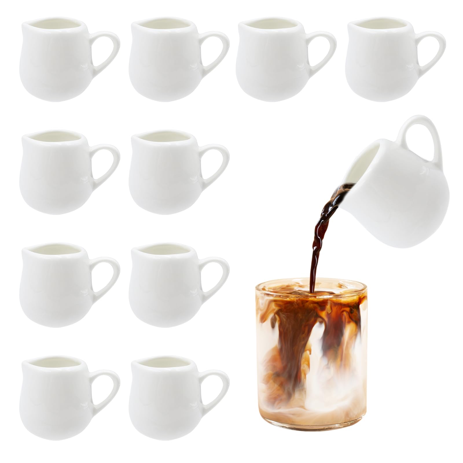OMJMYY 10 Pcs White Small Porcelain Milk Jug 50ml Mini Creamer With Handles - Sauce and Gravy Pitcher for Coffee, Milk, and Sauces