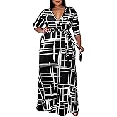 Runwind Plus Size Dresses for Women Floral Maxi Dress Flowy 3/4 Sleeve with Belt