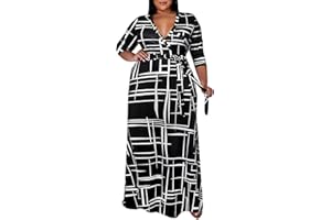 Runwind Plus Size Dresses for Women Floral Maxi Dress Flowy 3/4 Sleeve with Belt