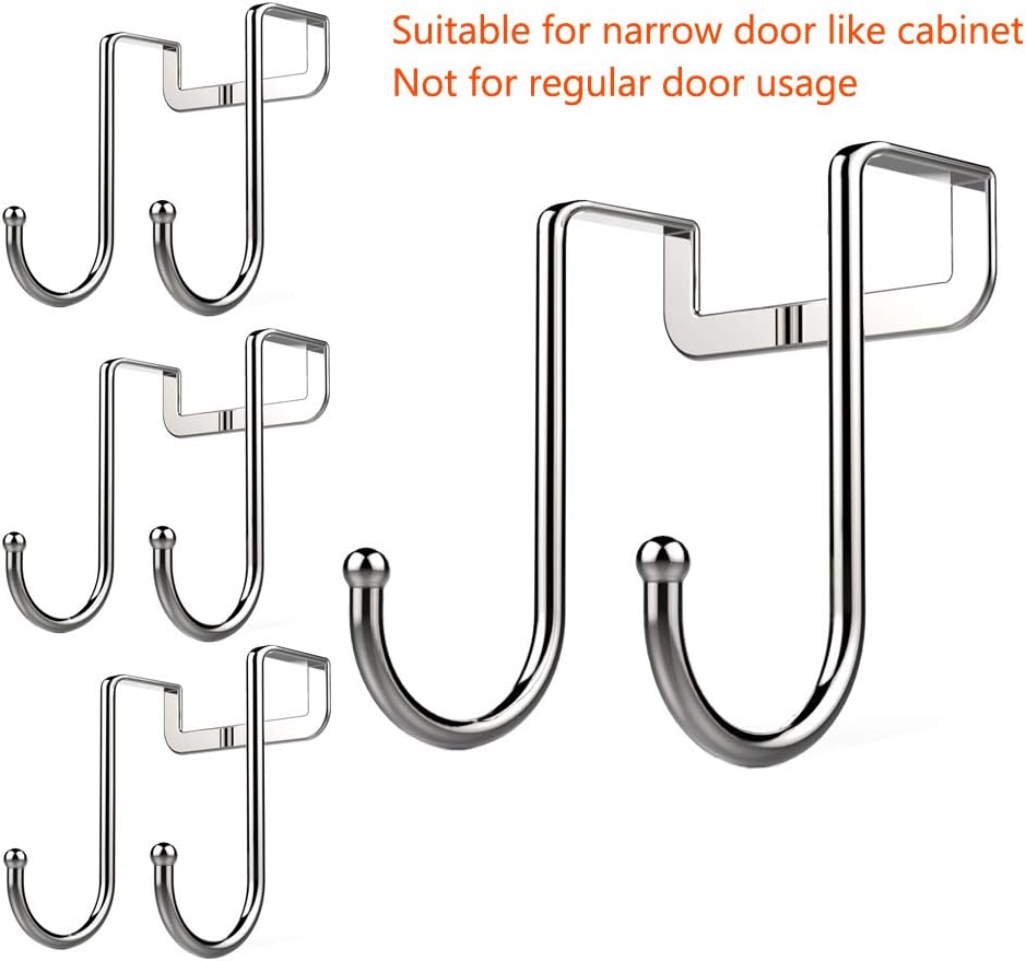 poeland 1kuan Over Cabinet Drawer Double Hooks 304 Stainless Steel Multiple Use Narrow Door Hook for Kitchen, Bathroom, Drawer, Wardrobe Door, Cabinet Door to Hang Bags, Towels, Coat More Pack of 4