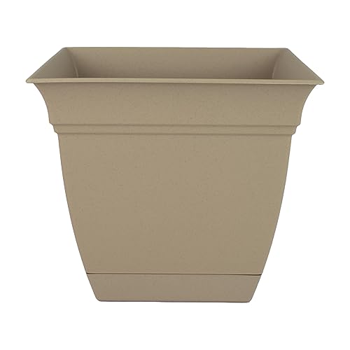 The HC Companies Eclipse Square Plastic Planter w/Attached Saucer - Outdoor & Indoor Plant Pot with Drainage Holes - Lightweight, UV-Resistant Plastic Pots for Plants (8" Sandstone, Pack of 1)