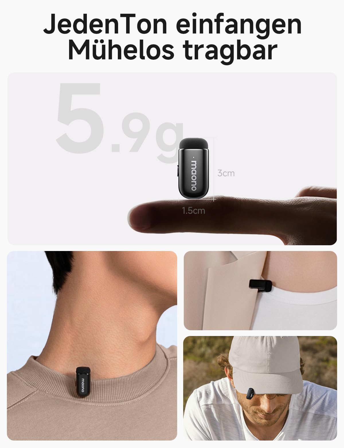 MAONO Kabelloses Handy Mikrofon - USB-C Wireless Mini Mikrofon für iPhone 17/16/15 Android, 4 Level Rauschunterdrückung, KI Stimmenwechsel, 30h Laufzeit, Mic für Vlog, YouTube, Aufnahmen, Wave T1 Mini 8