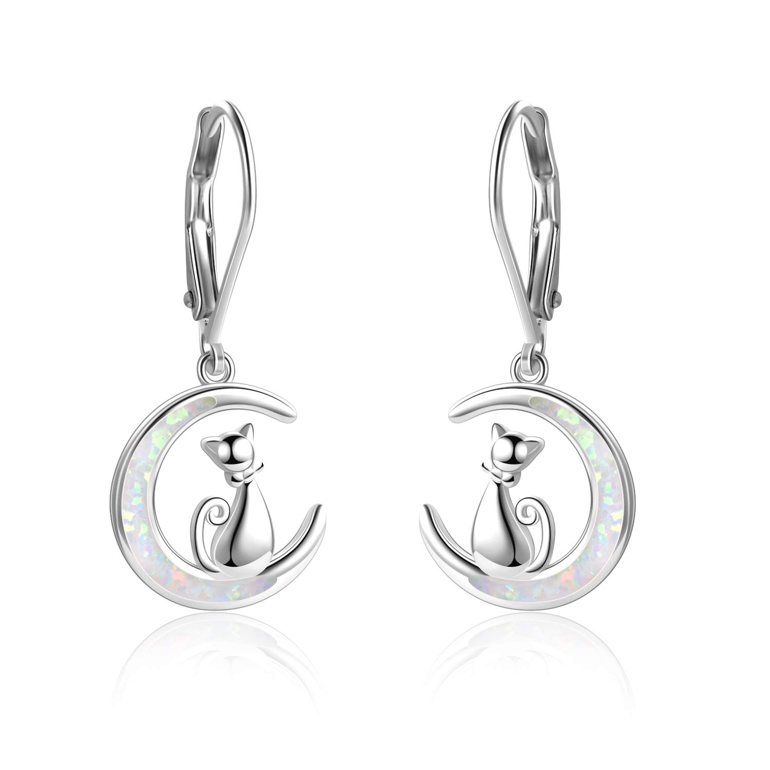 YFN Cat Earrings in Opal Moon Sterling Silver Kitten Stud Earrings for Girls (Silver Moon Earrings)
