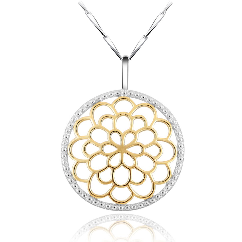 Sterling Silver and 18K Gold Bali Inspired Filigree Round Circle Floral Pendant Necklace, Best Jewelry for Women, 16/18