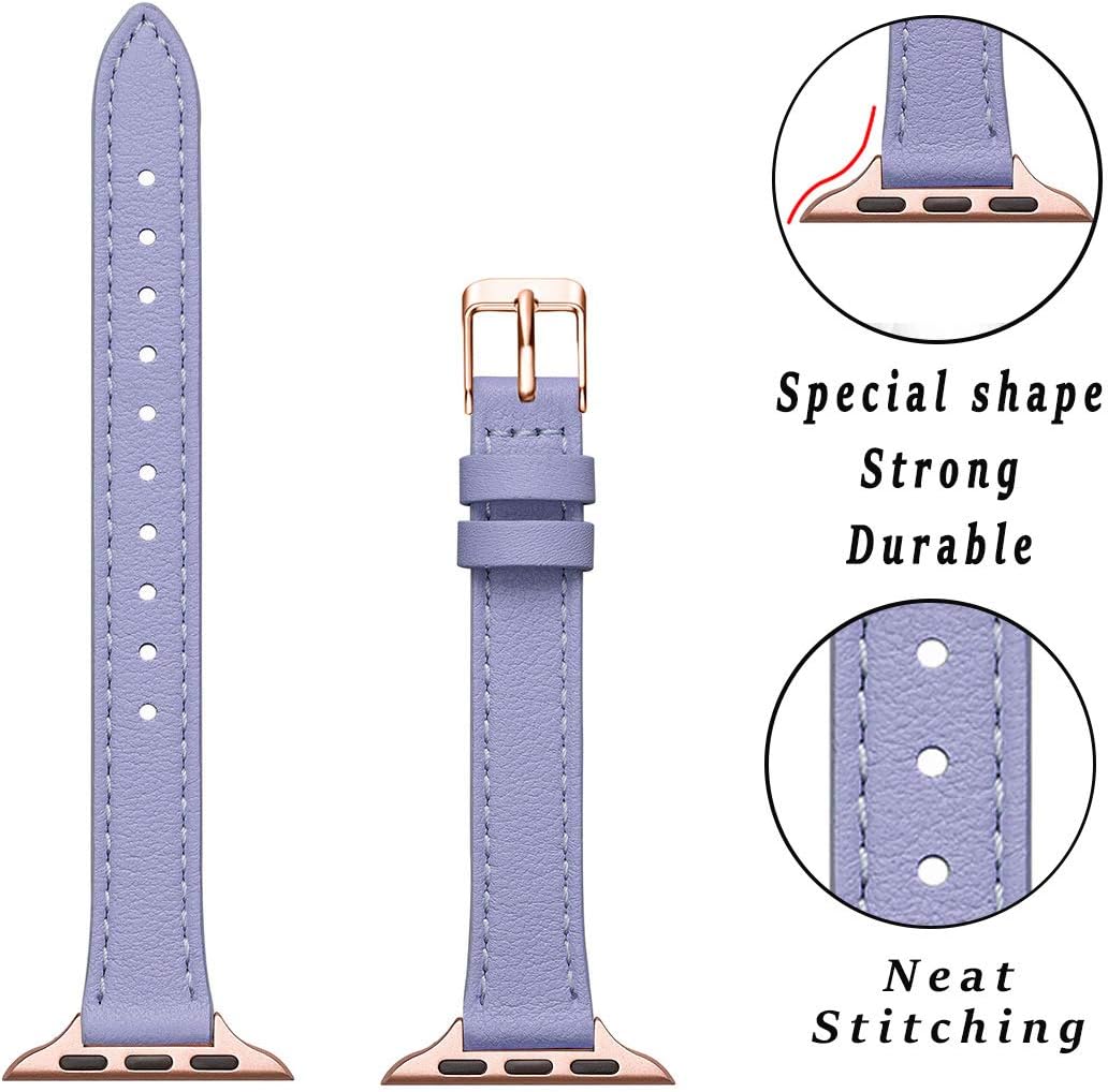 SUNFWR Compatible with Apple Watch Strap 38mm 40mm 41mm,Genuine Leather Strap Replacement,Slim&Thin Wristband for iwatch Series 7/6/5/4/3/2/1,SE(38mm 40mm 41mm,Purple&Rosegold) - Image 3