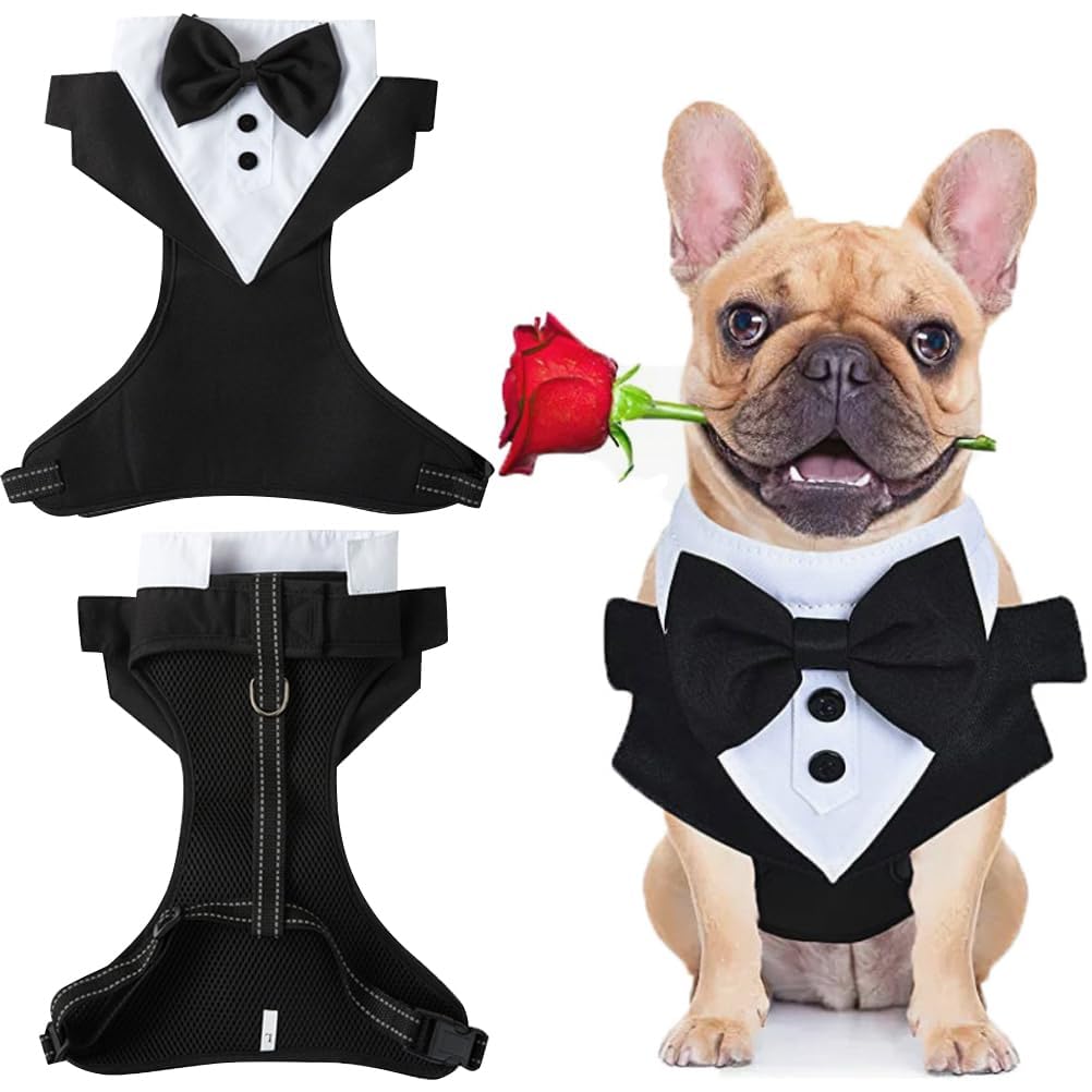 Stylish Dog Tuxedo Suit - Formal Shirt with Bow Tie & Adjustable Chest Strap for Medium Dogs - Perfect for Weddings & Parties