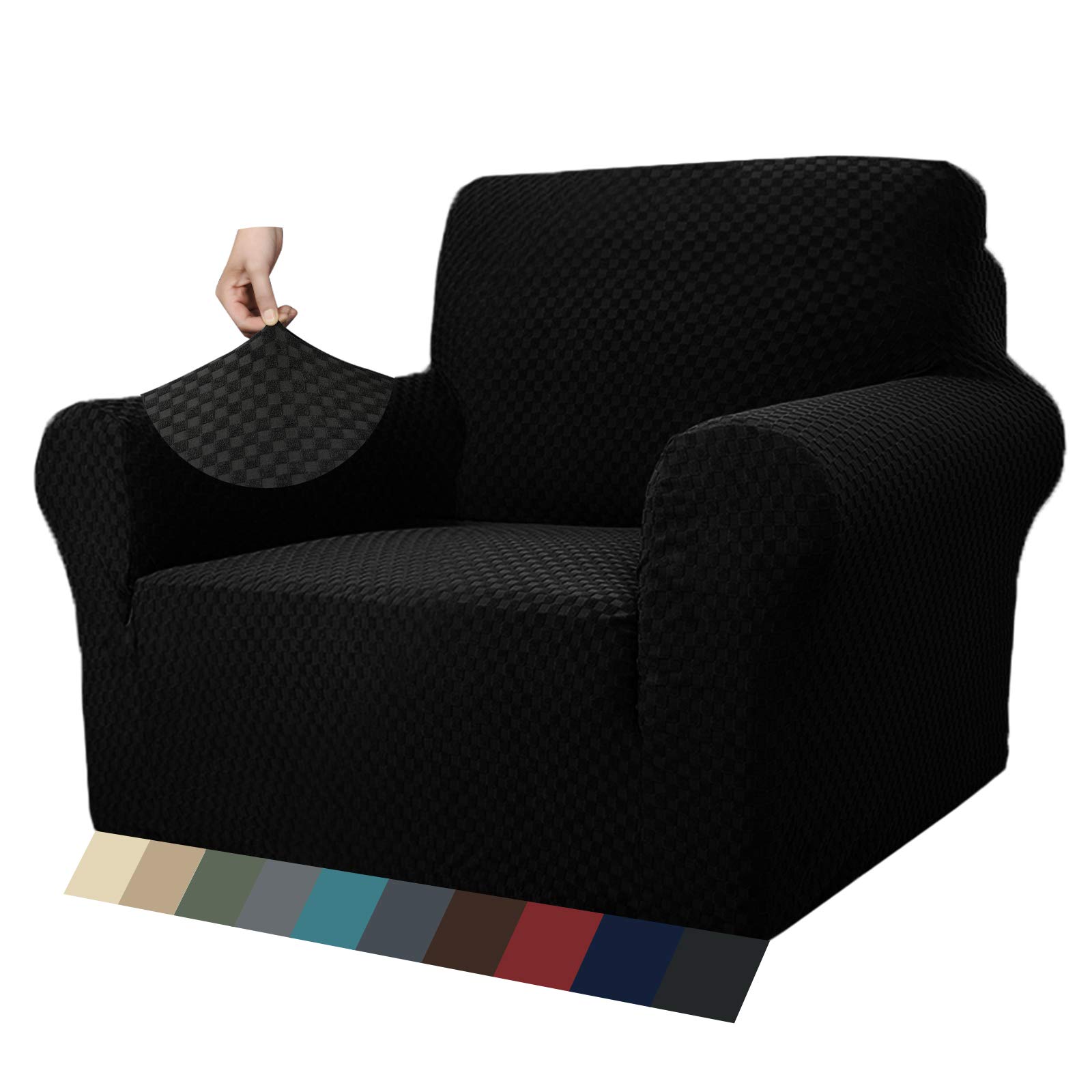 MAXIJIN Newest Jacquard Chair Covers for Living Room, Super Stretch Non Slip Chair Slipcover with Arms Dogs Pet Friendly 1-Piece Elastic Sofa Couch Protector Armchair Cover (1 Seater, Black)