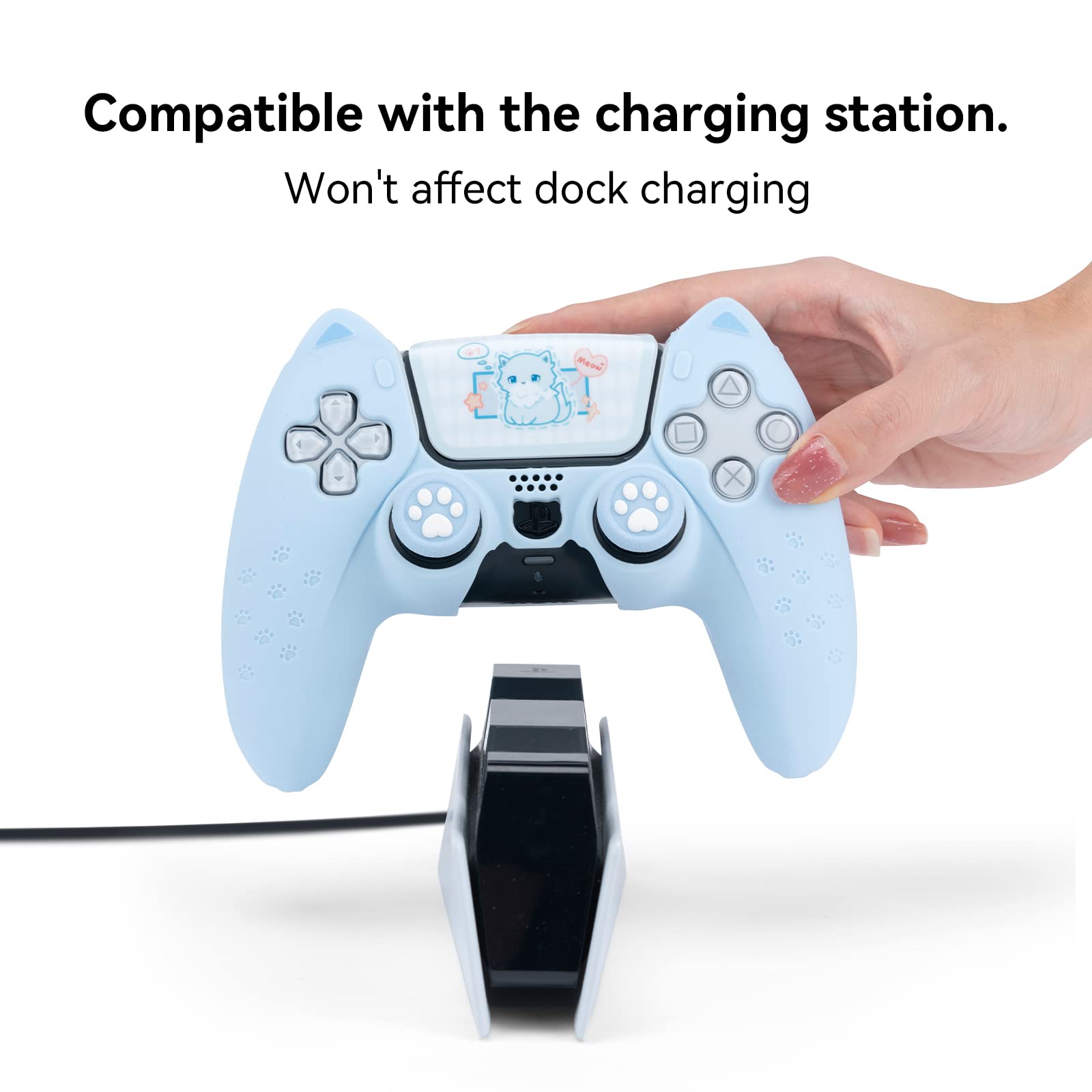 GeekShare Cute Cat Paw PS5 Controller Skin Set Anti-Slip Silicone Protective Cover Skin Case for PS5 Wireless Controller with 2 Thumb Grip Caps and 1 Sticker (Blue)
