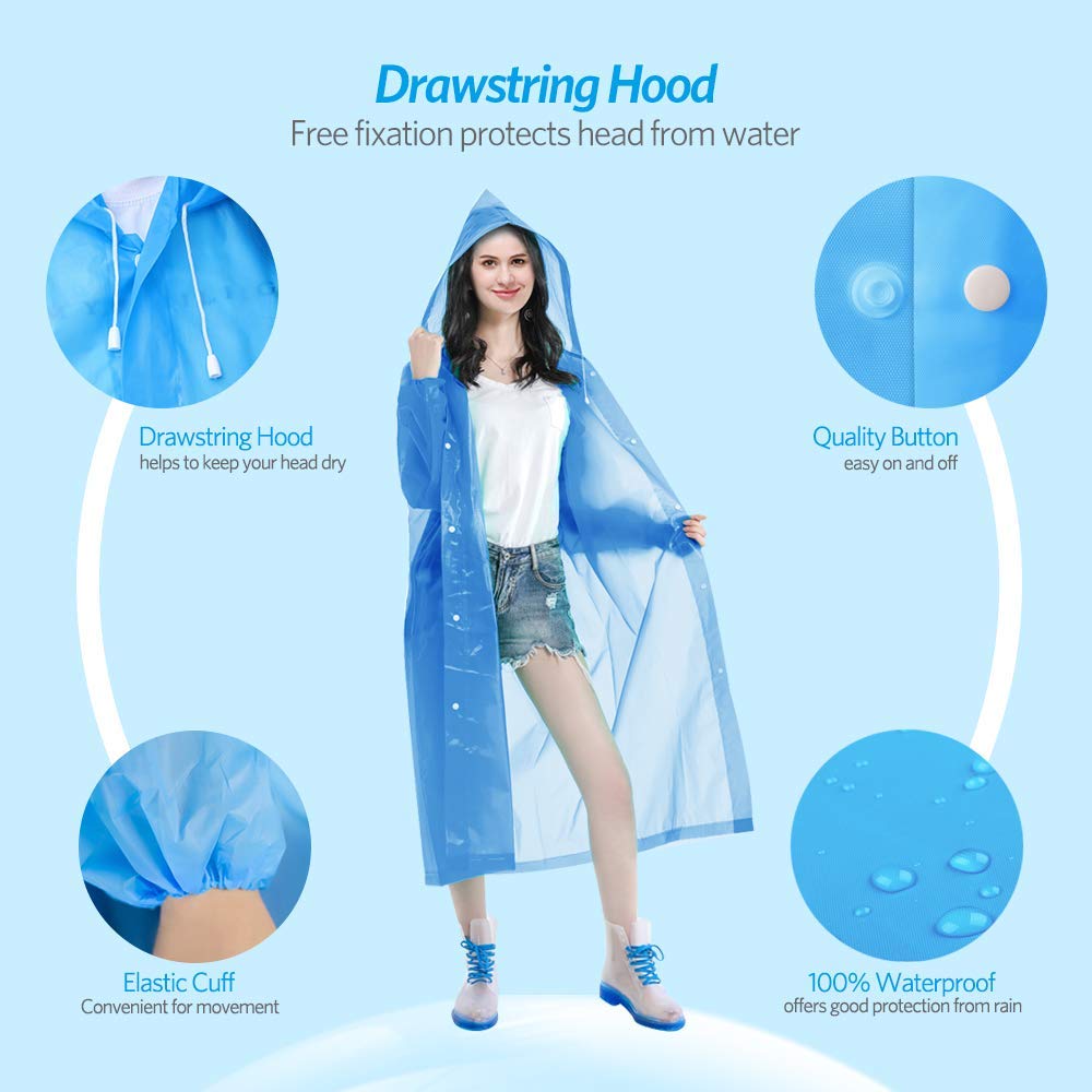 Cleycye Rain Ponchos,EVA Reusable Rain Coat Jacket with Drawstring Hood （3PCS）Emergency Waterproof Rain Ponchos Family Pack for Adults,Fit Men and Women, Perfect for Concerts, Amusement Parks, Camping
